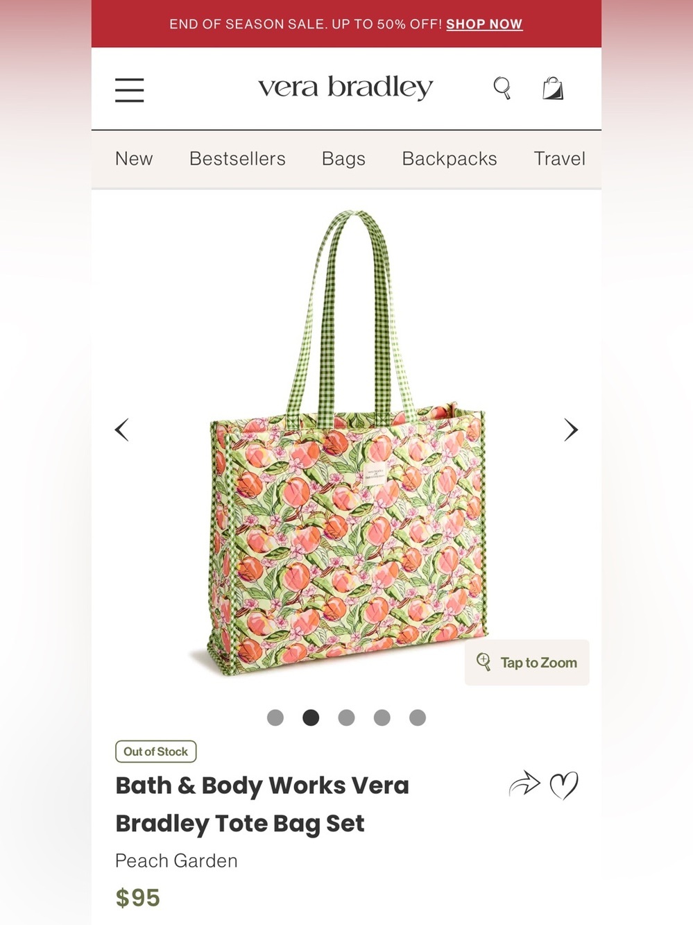 Bath and Body Works Vera Bradley Floral Peach Print Quilted Tote Bag - Picture 5 of 5